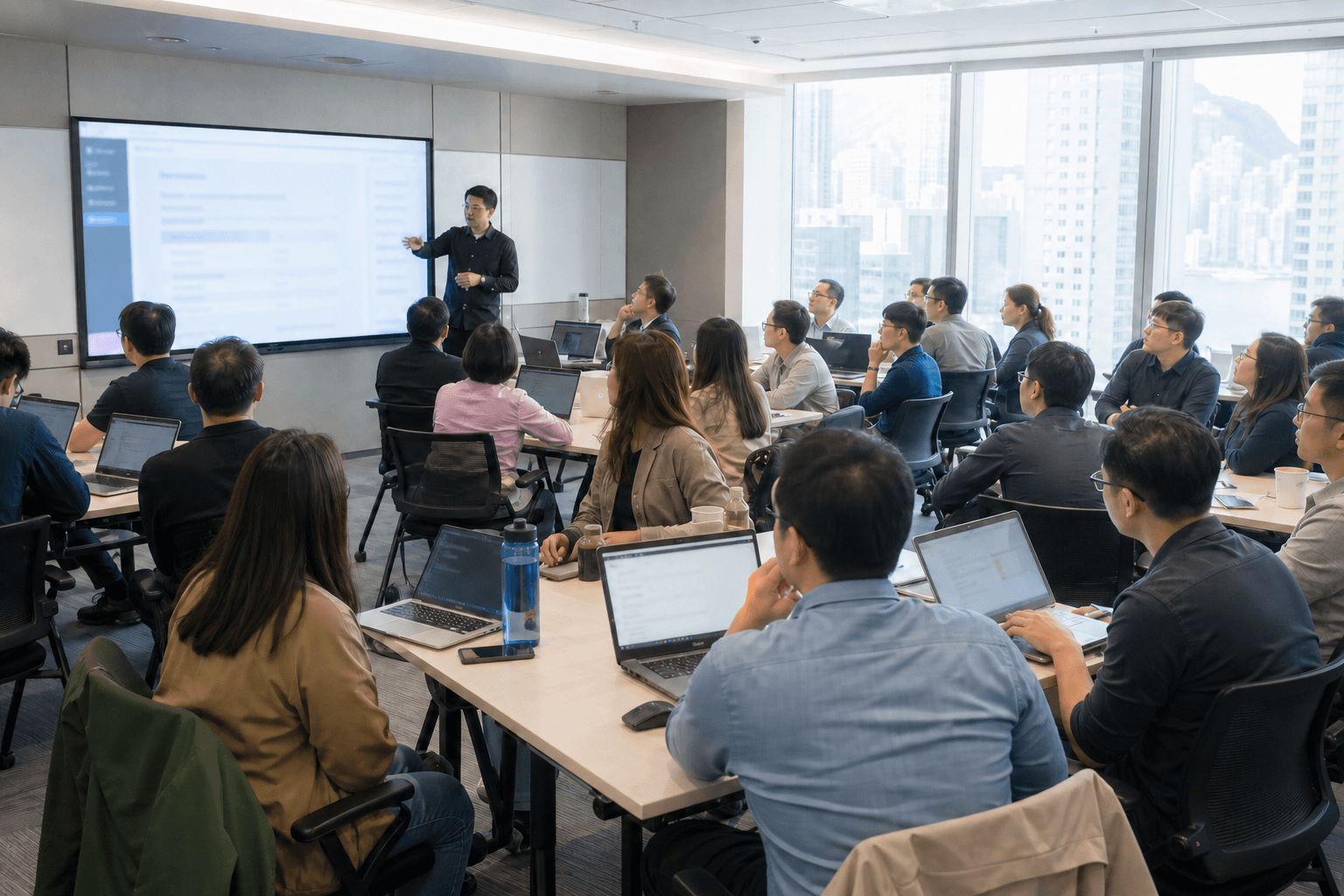 導師在香港企業培訓現場向使用手提電腦的團隊講解 AI